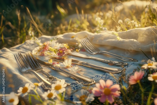 Obraz na płótnie Delicate silver utensils arranged elegantly among wildflowers on a sunny afternoon picnic setting w salonie