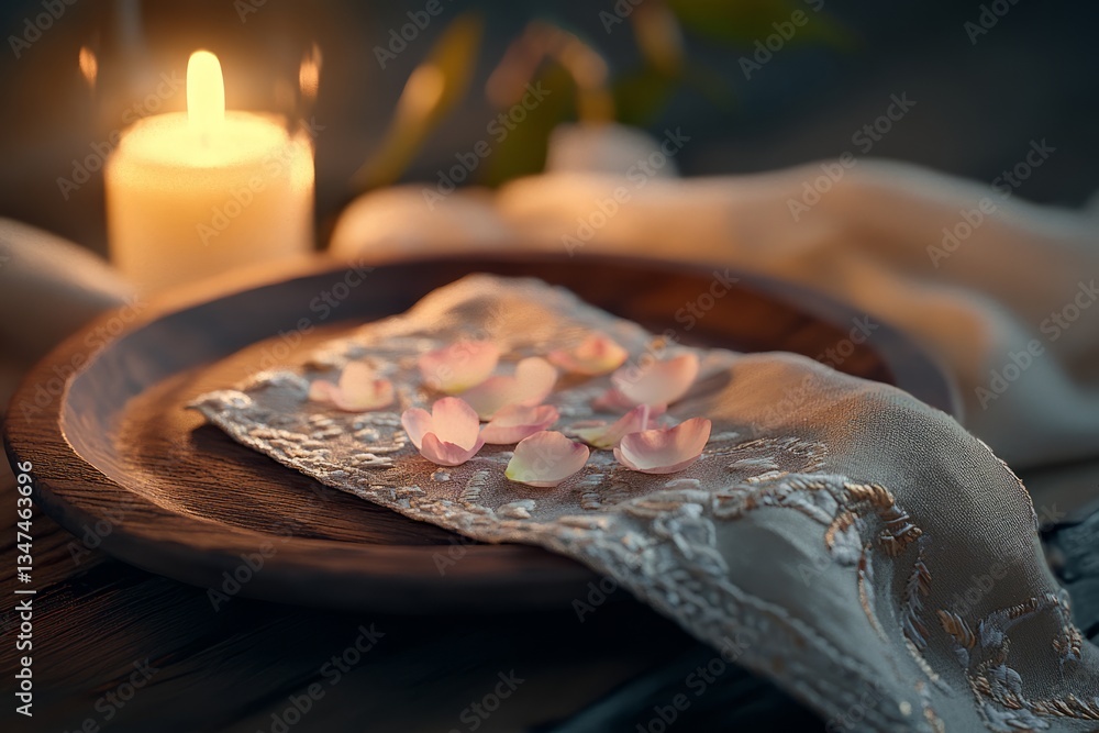 Delicate rose petals arranged on an elegant cloth beside a glowing candle in softly lit ambiance