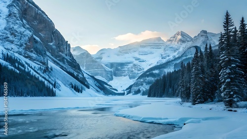 Wallpaper Mural Majestic Winter Landscape: Snow-Capped Mountains, Frozen Lake, and Evergreen Trees under a Pale Sky for Scenic Beauty. Torontodigital.ca