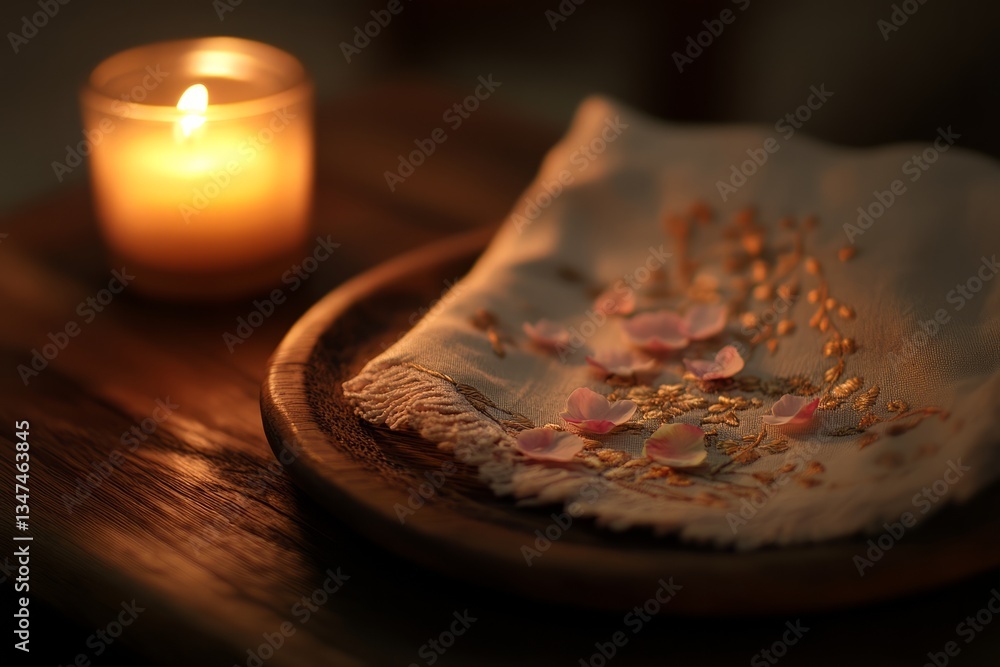 Soft glow of candlelight illuminating delicately embroidered fabric with rose petals arranged thoughtfully on a wooden plate
