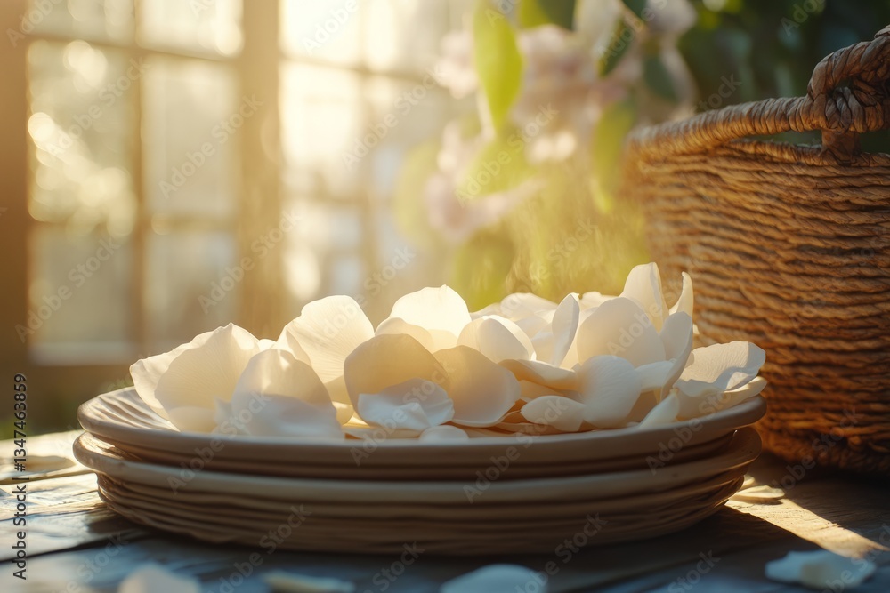 Delicate white flower petals softly glowing on a wooden table in a sunlit garden