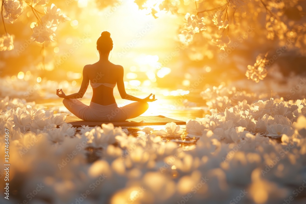 Yoga practitioner meditates at sunset surrounded by blossoms in a tranquil setting