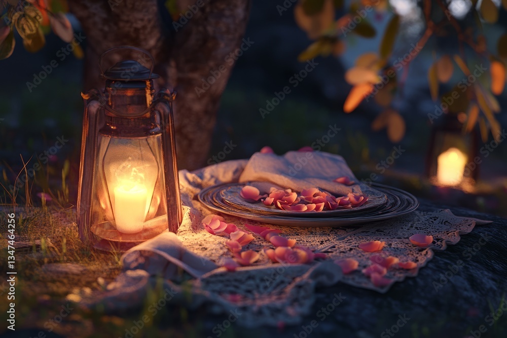 Romantic outdoor dinner setting with lantern and rose petals under tree at dusk