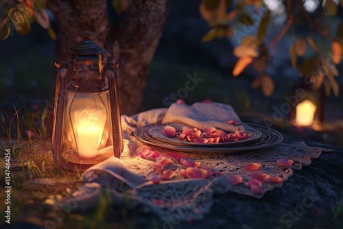 Obraz na płótnie Romantic outdoor dinner setting with lantern and rose petals under tree at dusk w salonie