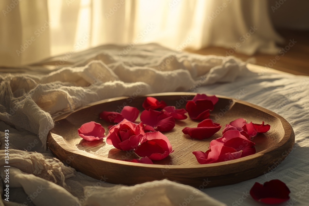 Romantic arrangement of rose petals on a wooden tray in soft morning light creates a serene atmosphere in a cozy room