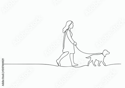Continuous One Line Girl Walking with Dog | Minimalist Pet Companion Vector Illustration