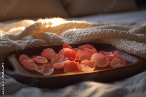 Soft rose petals arranged on a wooden tray, illuminated by warm sunlight in a cozy bedroom setting