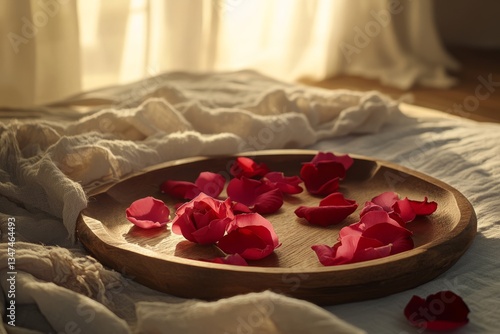 Obraz na płótnie Romantic arrangement of rose petals on a wooden tray in soft morning light creates a serene atmosphere in a cozy room w salonie