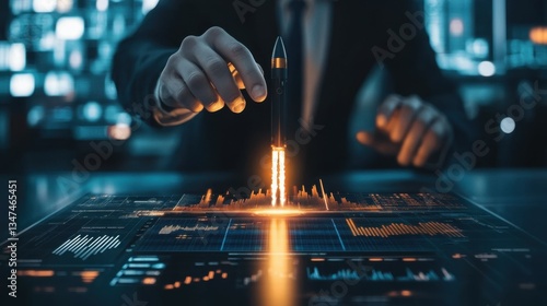 Businessman hold virtual rocket launch investment growth, planning and starting corporate business start up aiming objective value development leadership and customer target group.