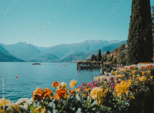 Lake Como Scenery with Flowers, Mountains, and Boats on a Clear Day