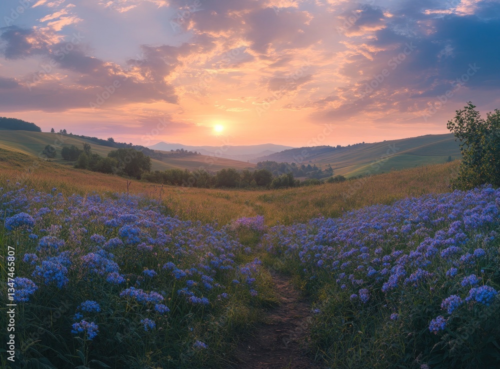 Fototapeta premium Walking Path Through Field of Blue Flowers at Sunset in Countryside