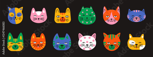 Vector colorful funny cat heads set flat design. Cute kitten cat avatars collection. Modern diverse domestic pet characters.
