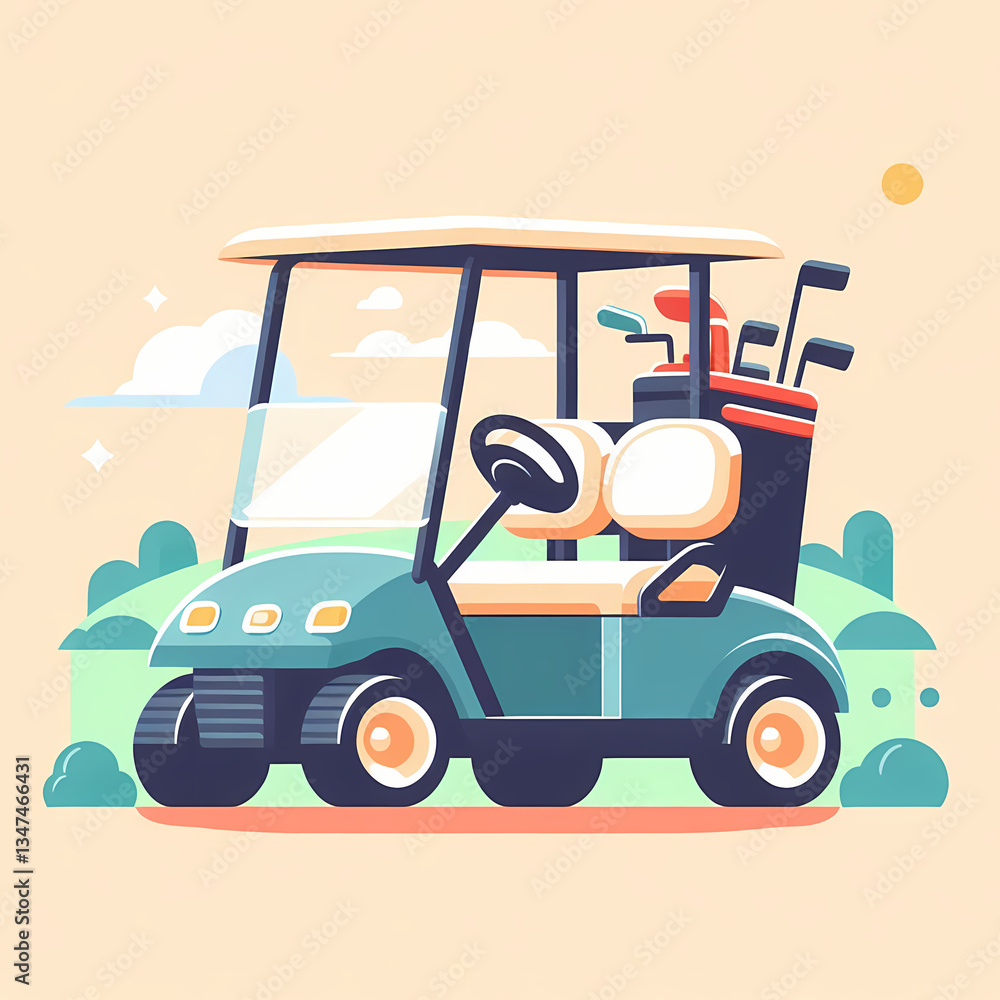 Flat vector illustration of a golf cart, clean and minimalistic design, bright and fresh colors, simple shapes. Flat vector illustration of a golf cart, clean and minimalistic design, bright and fresh colors, simple shapes.