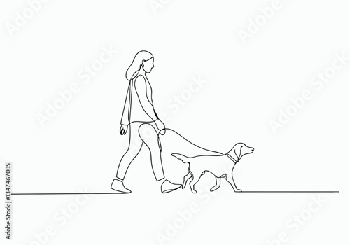 Continuous One Line Girl Walking with Dog | Minimalist Pet Companion Vector Illustration