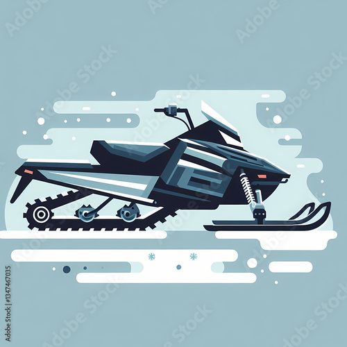 Flat vector illustration of a snowmobile, sleek and minimalistic winter design, clean geometric shapes, cold tones.