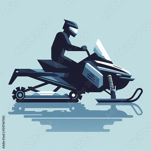  Flat vector illustration of a snowmobile, sleek and minimalistic winter design, clean geometric shapes, cold tones.