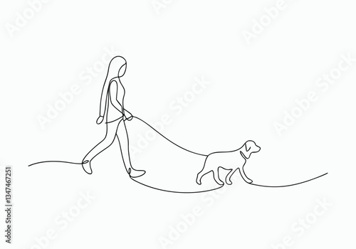 Continuous One Line Girl Walking with Dog | Minimalist Pet Companion Vector Illustration
