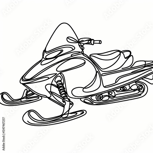 Continuous one-line drawing of a snowmobile, smooth abstract curves forming a streamlined silhouette.