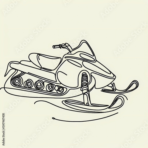 Continuous one-line drawing of a snowmobile, smooth abstract curves forming a streamlined silhouette.