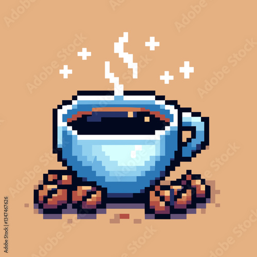 Pixel art coffee cup illustration, charming and cozy, with coffee beans and steaming effects