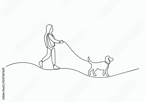 Continuous One Line Girl Walking with Dog | Minimalist Pet Companion Vector Illustration