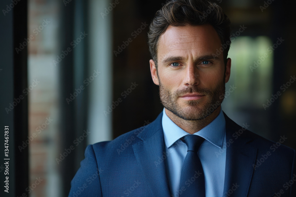 Man in suit and tie gazes confidently at camera, standing against city skyline backdrop, a symbol of success and determination. Man in suit and tie gazes confidently at camera, standing against city skyline backdrop, a symbol of success and determination.