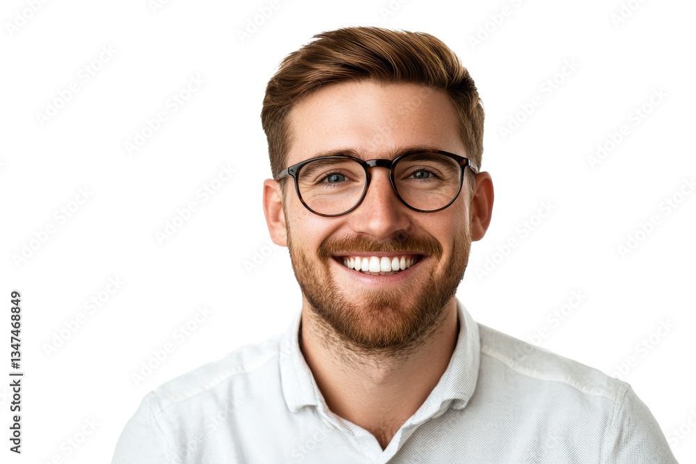Fototapeta premium Smiling man with glasses portrait, positive emotion, cut out transparent