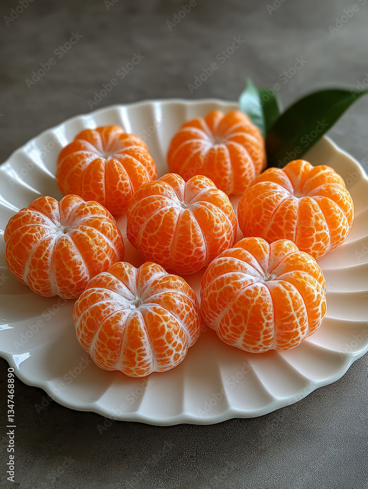 Peeled tangerines on a white plate with a green leaf. Peeled tangerines on a white plate with a green leaf.