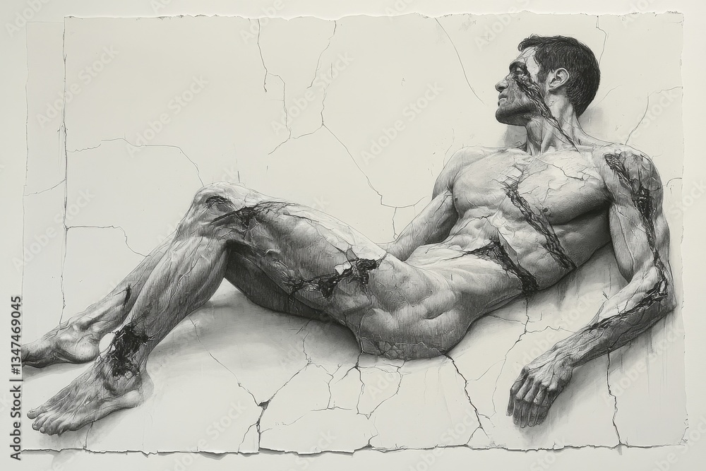 Fototapeta premium Muscular figure displaying human fragility and strength in detailed artwork featuring cracks and texture