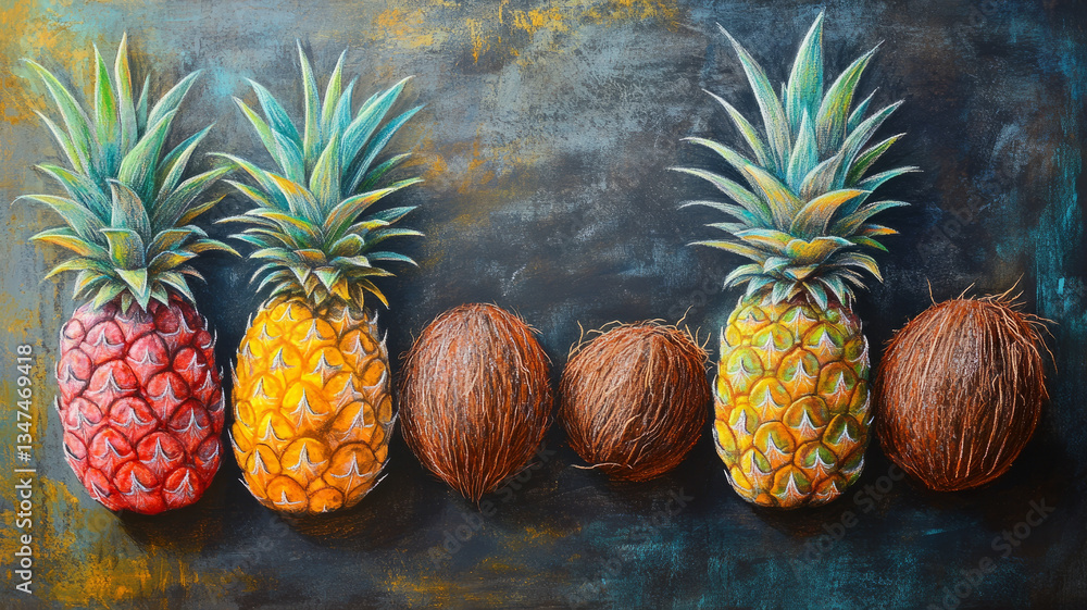 Fototapeta premium Vibrant chalkboard art of tropical fruits: pineapples and coconuts.