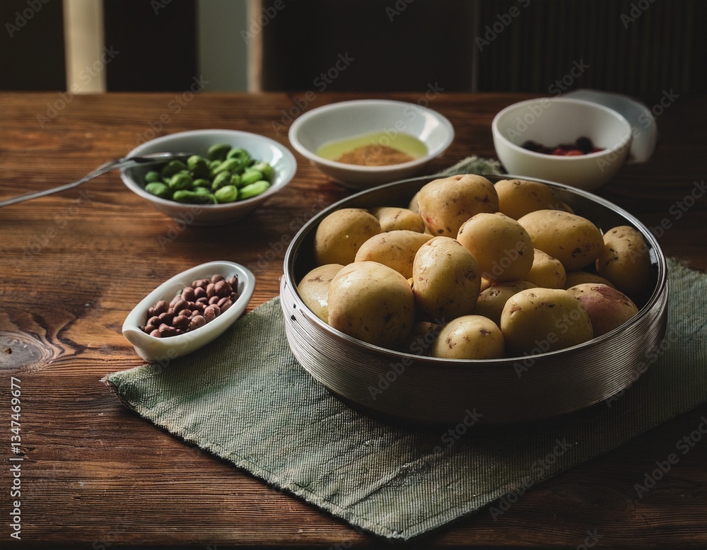Patatas hornear, sobre una mesa de madera; recetas de cocina con el uso de frijoles y verduras durante la preparación de alimentos, receta en la cocina, concepto de estilo de vida Patatas hornear, sobre una mesa de madera; recetas de cocina con el uso de frijoles y verduras durante la preparación de alimentos, receta en la cocina, concepto de estilo de vida