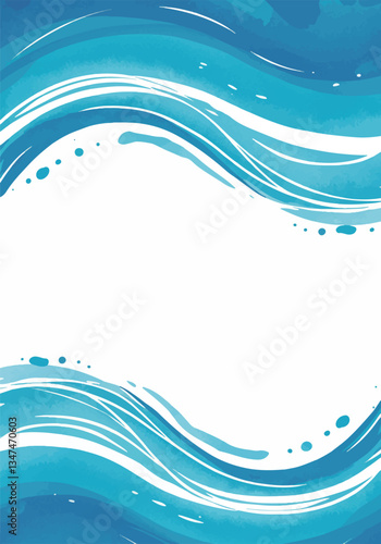 青い波の水彩風フレーム背景