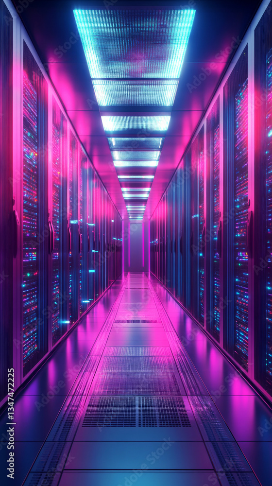 Fototapeta premium The data center corridor, illuminated by colorful LED lighting, features rows of sleek server racks in a high-tech, futuristic setting, highlighting the modern digital landscape