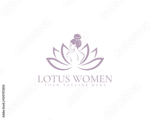 Feminine Lotus Woman Logo. A Beautiful Symbol of Yoga, Feminine Strength, Wellness and Empowerment Brands.