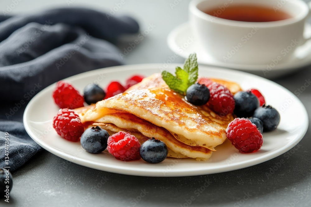 Stack of golden pancakes topped with fresh berries and a drizzle of honey. A cup of tea sits nearby Stack of golden pancakes topped with fresh berries and a drizzle of honey. A cup of tea sits nearby