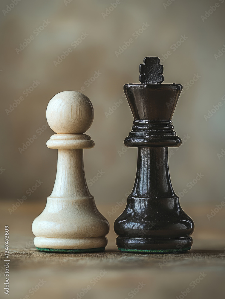Fototapeta premium Chess pawn and king on textured background, strategic contrast