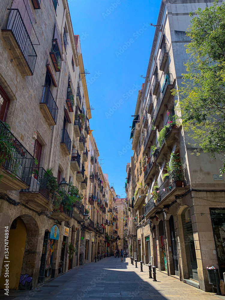 Obraz premium Alley in the historic Gothic Quarter in Barcelona, ​​you can see the old facades and a beautiful sunny day