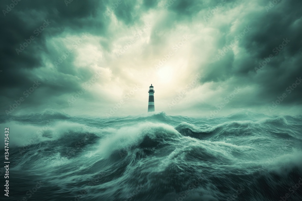 Fototapeta premium Majestic lighthouse stands tall amidst turbulent waves and stormy skies during a dramatic maritime scene