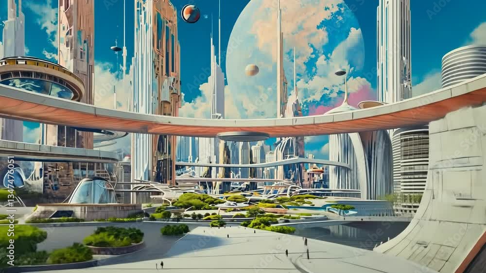 Retrofuturistic landscape in mid-century sci-fi style. Retro science fiction scene with futuristic city buildings