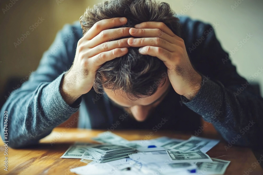 A worried man sitting at a desk, holding his head in his hands, surrounded by financial documents, coins, and a calculator. economic hardship, financial loss, and the stress of bankruptcy