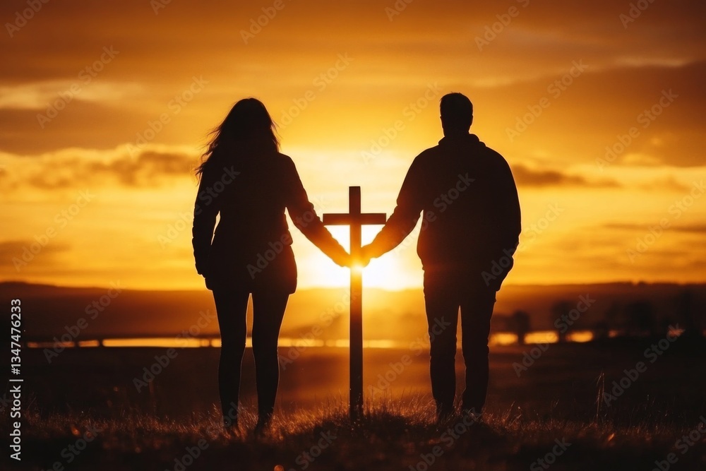 A couple uniting in love with an Easter cross silhouette.