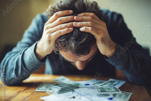 Obraz na płótnie A worried man sitting at a desk, holding his head in his hands, surrounded by financial documents, coins, and a calculator. economic hardship, financial loss, and the stress of bankruptcy w salonie