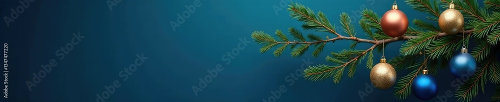Ornamented tree branch with golden and blue ornaments on dark blue background, tree branch, festive decor, wall decor Ornamented tree branch with golden and blue ornaments on dark blue background, tree branch, festive decor, wall decor