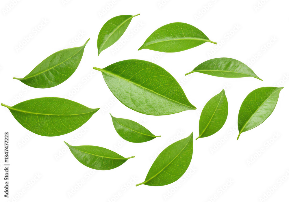 Naklejka premium A collection of vibrant green leaves floating and swirling in mid-air isolated on transparent background