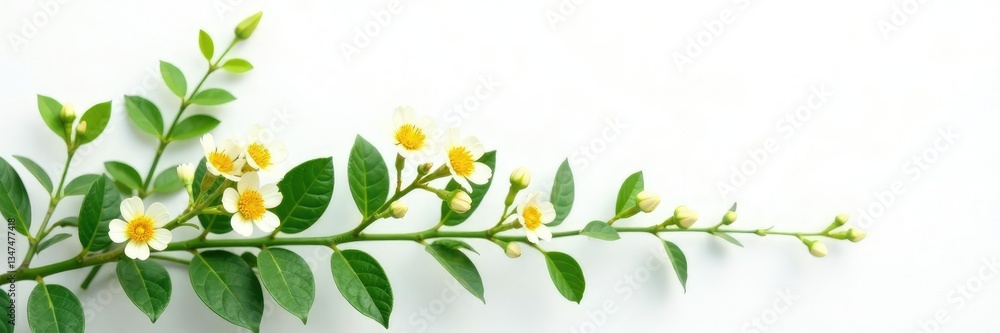 Fototapeta premium Small leaves and tiny flowers on white background, foliage, plant