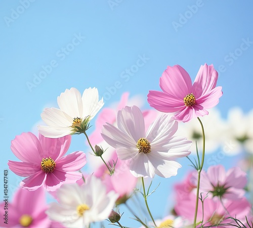 Blooming Cosmos Flowers Against a Sunny Blue Sky in Springtime
