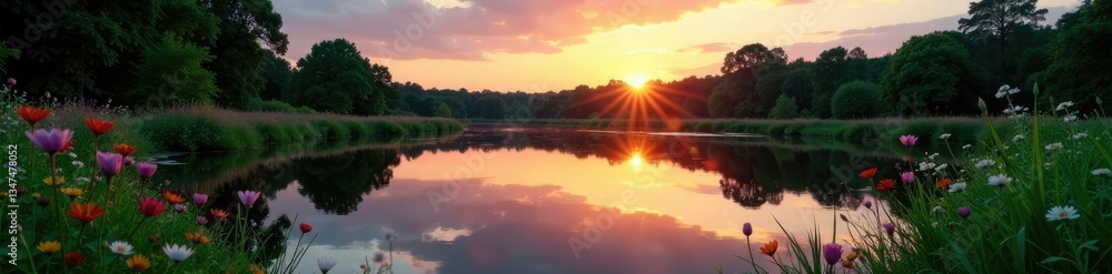 Evening sky reflected in a pond beside wildflowers, water, serene, green Evening sky reflected in a pond beside wildflowers, water, serene, green