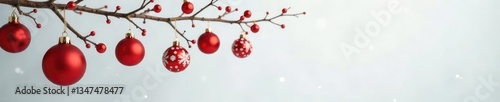Colorful red and white Christmas balls hanging from a branch, christmas, white, festive