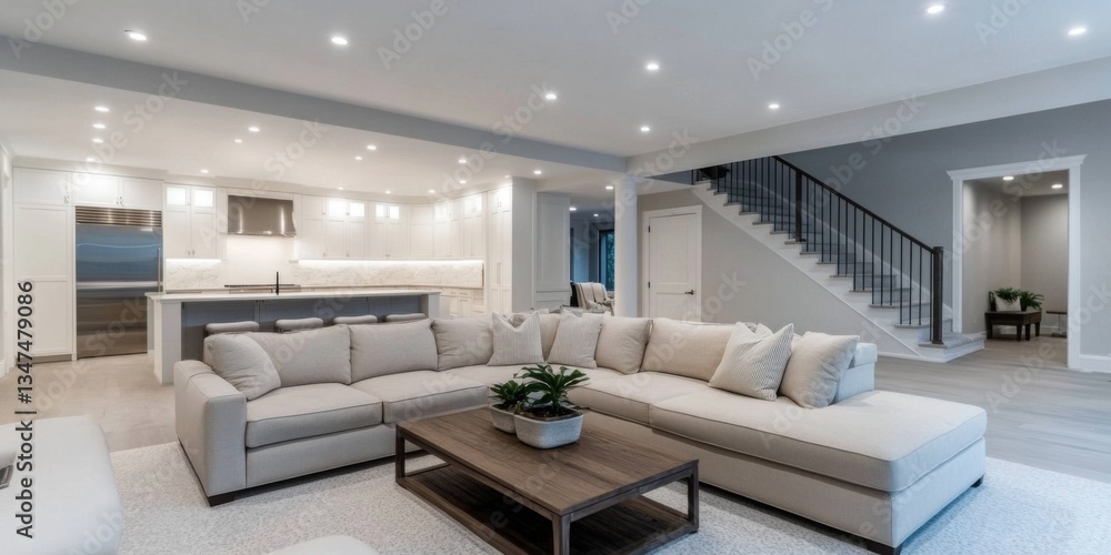Stylish furnishings complement the vibrant ambiance of the basement space.