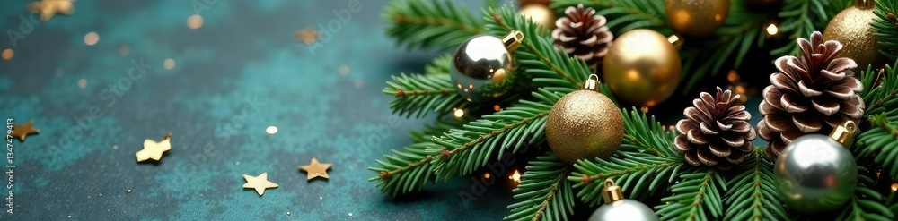 Fototapeta premium Evergreen and pinecone wreath with silver and gold ornaments draped over it, silver, Christmas